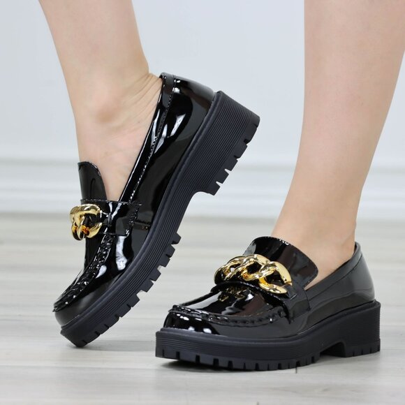 Womens Chunky Penny Loafer Lug Sole Slip On Platform Black Patent Gold Chain - Picture 1 of 15